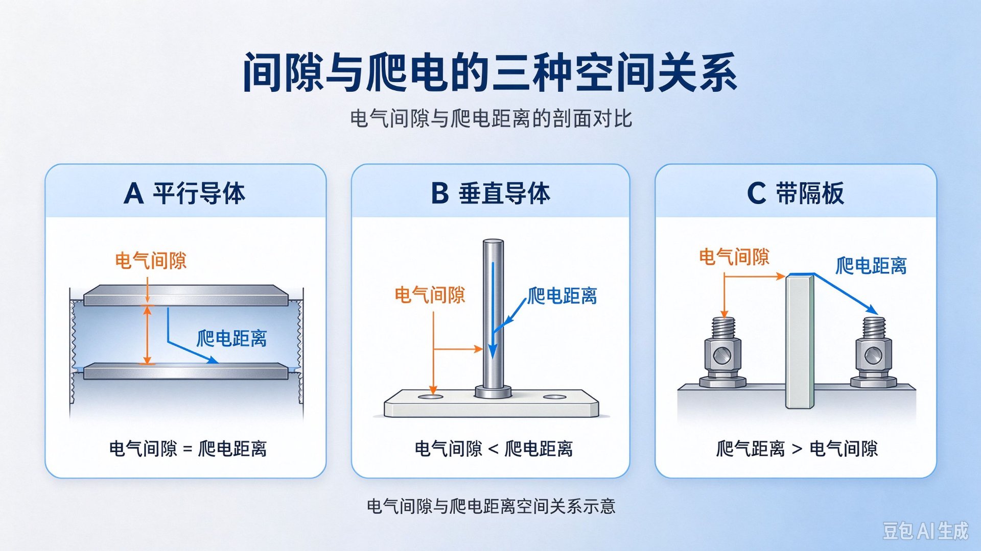 间隙与爬电的三种空间关系